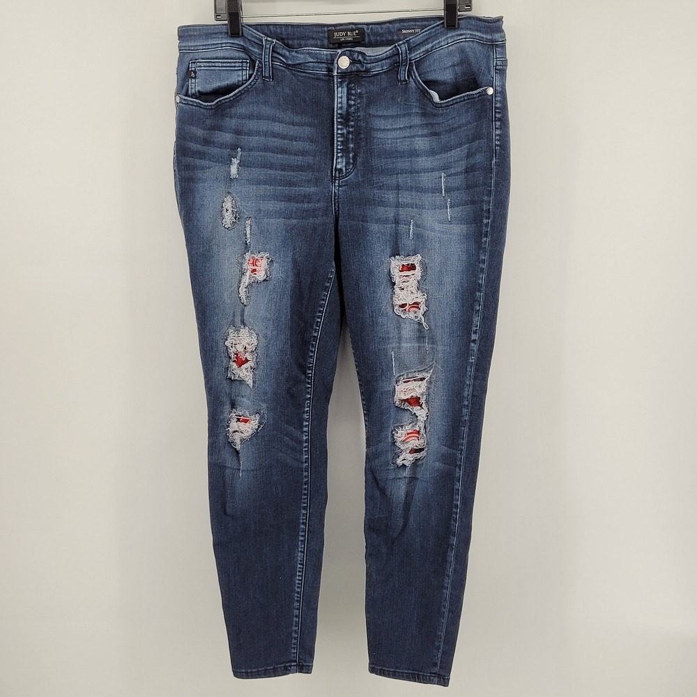 Judy Blue Distressed Skinny‎ Jeans 1XL Red Bandana Patch Dark Wash Plus Size
